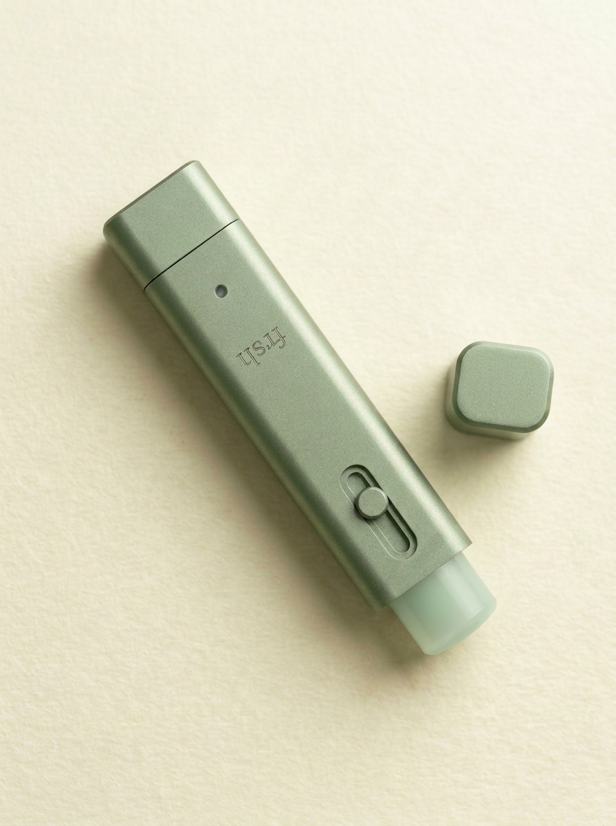 frsh with the bottom cap removed, lip balm advanced from the bottom end via the slider